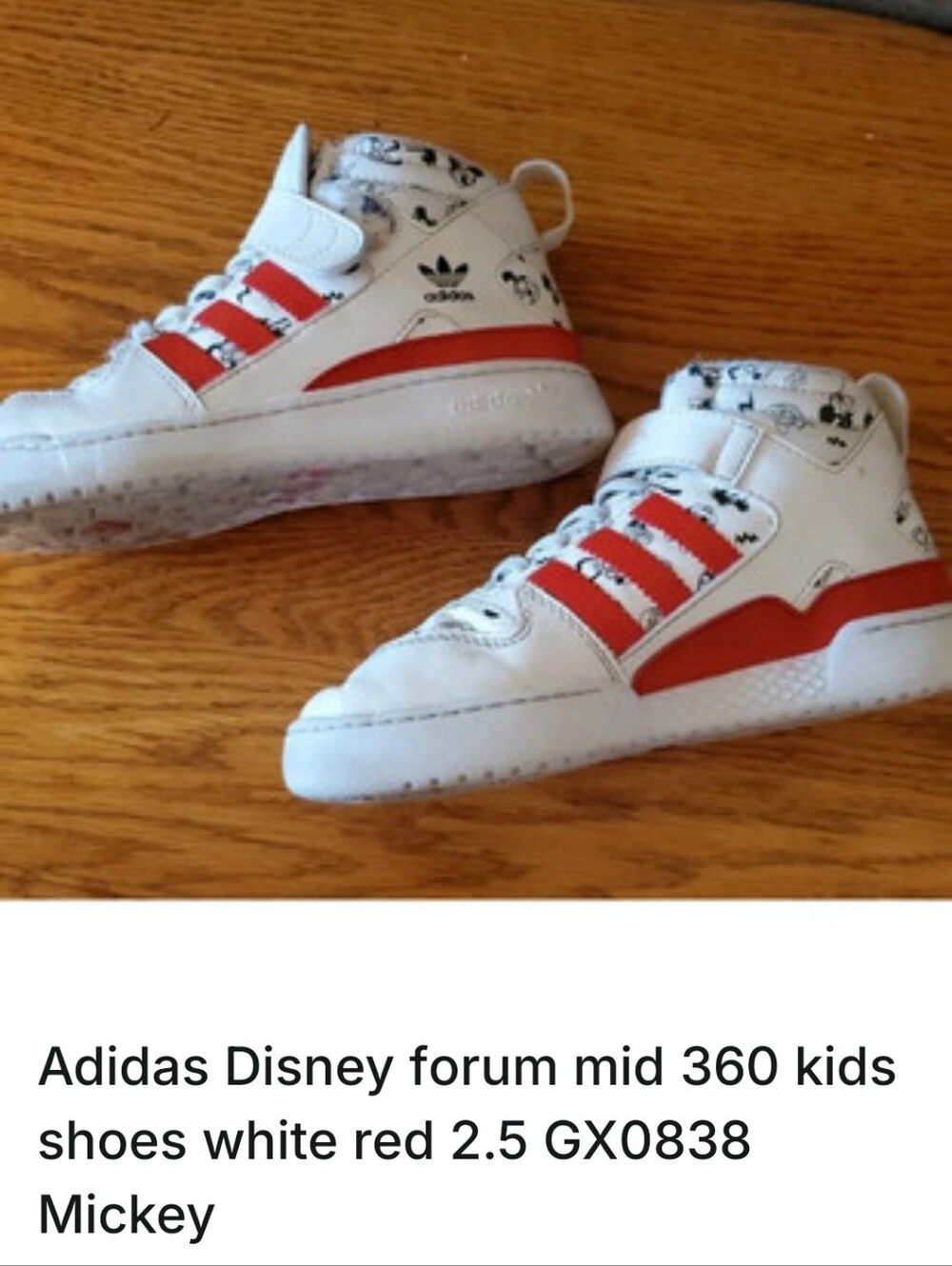adidas Kids White & Red Mid-Top Sneakers with Mickey Accent